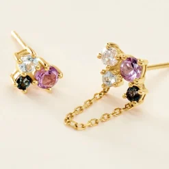 Histoire d'Or Boucles D'oreilles Dépareillées Printemps Précieux Or Jaune Améthyste New