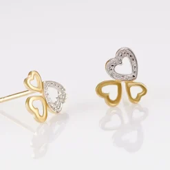 Histoire d'Or Boucles D'oreilles Puces Anne-maudae Triple Coeurs Or Bicolore New