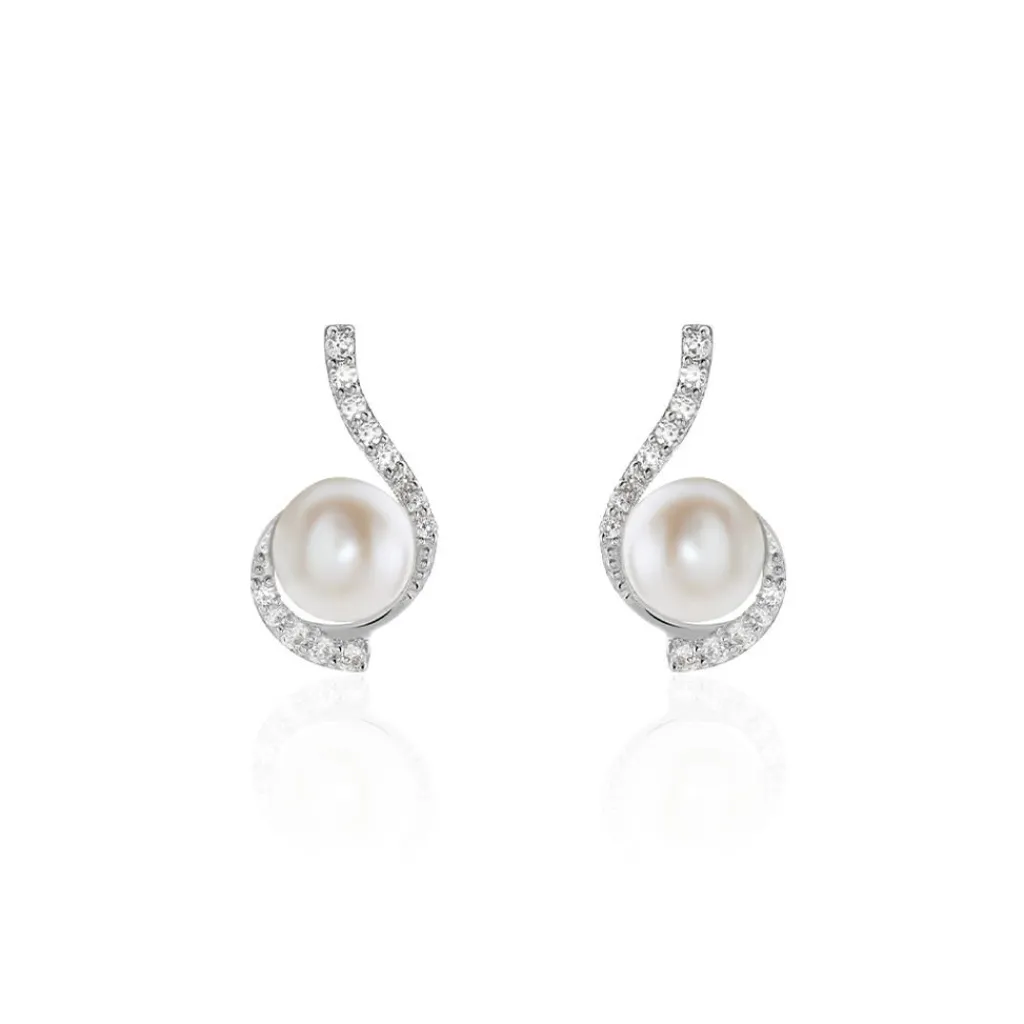 Histoire d'Or Boucles D'oreilles Puces Cassiopea Or Blanc Oxyde Et Perle De Culture Online