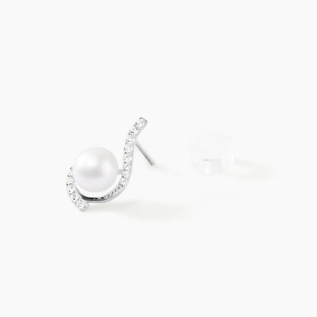 Histoire d'Or Boucles D'oreilles Puces Cassiopea Or Blanc Oxyde Et Perle De Culture Online