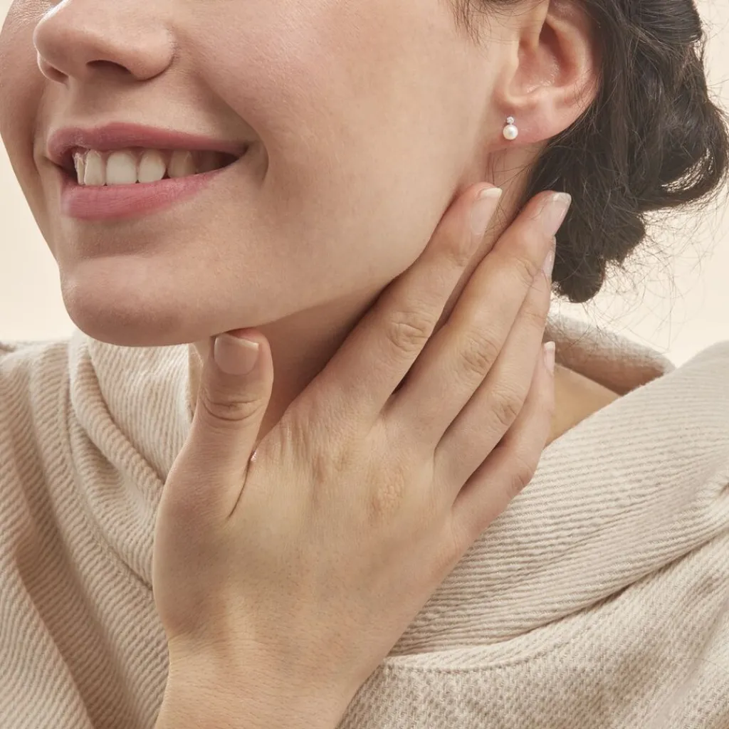 Histoire d'Or Boucles D'oreilles Puces Eolande Or Blanc Perle De Culture Et Oxyde