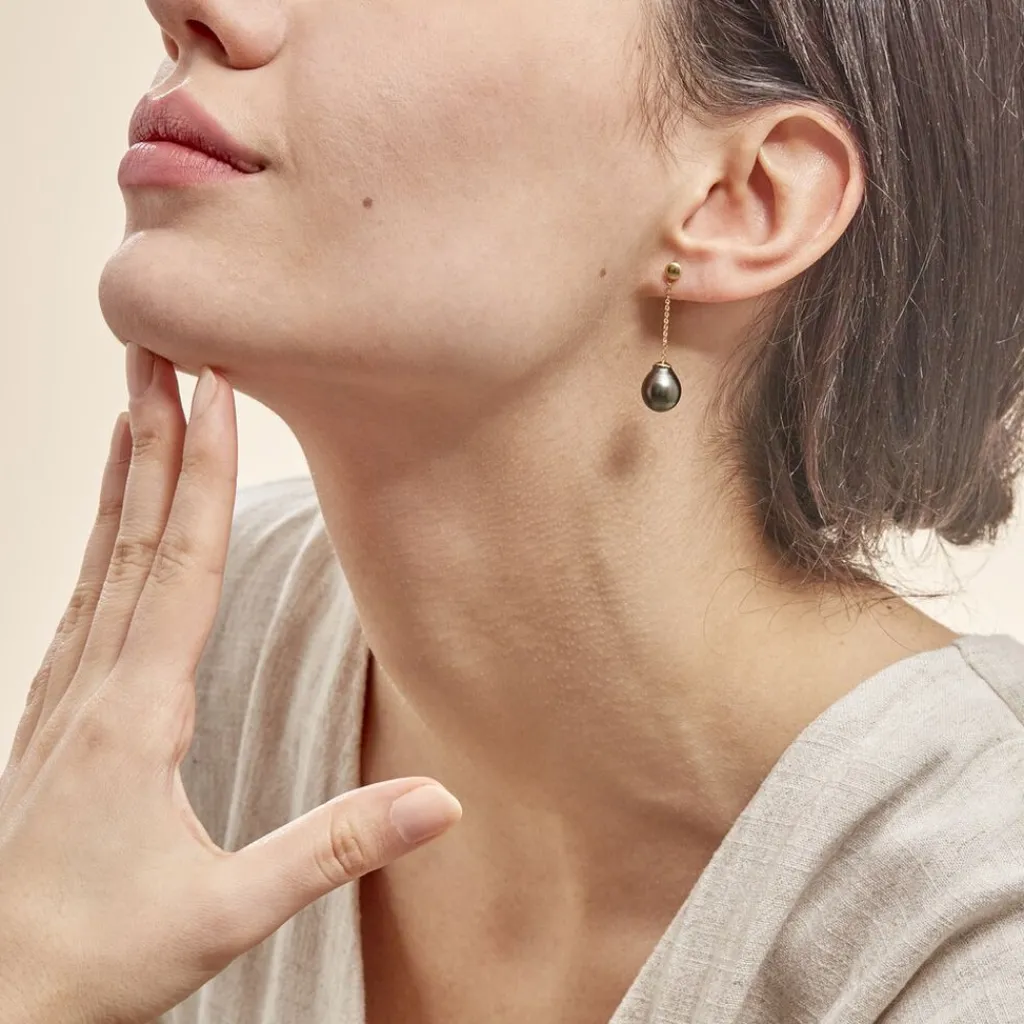 Histoire d'Or Boucles D'oreilles Puces Marie-noela Or Jaune Perle De Tahiti New