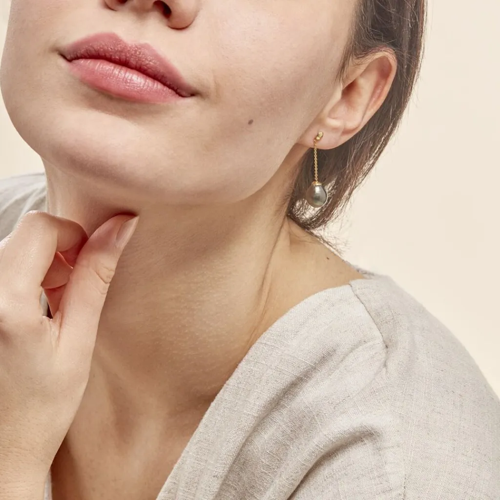 Histoire d'Or Boucles D'oreilles Puces Marie-noela Or Jaune Perle De Tahiti New