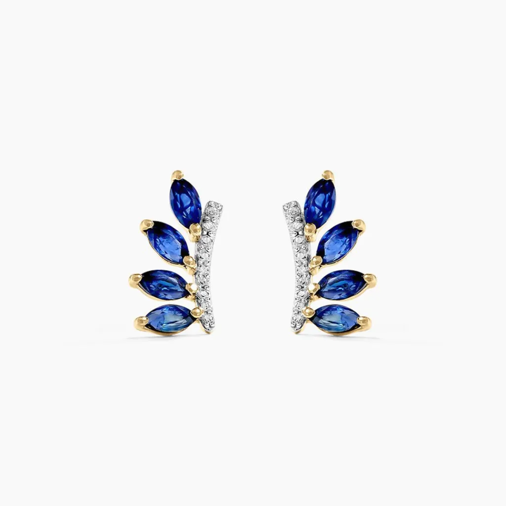 Histoire d'Or Boucles D'oreilles Puces Navette Diamant or jaune saphir New