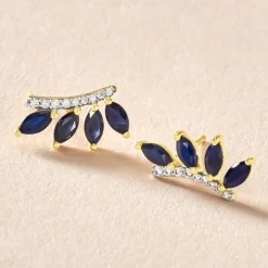 Histoire d'Or Boucles D'oreilles Puces Navette Diamant or jaune saphir New