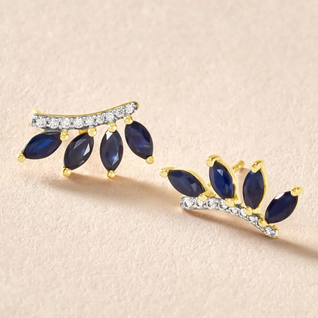 Histoire d'Or Boucles D'oreilles Puces Navette Diamant or jaune saphir New