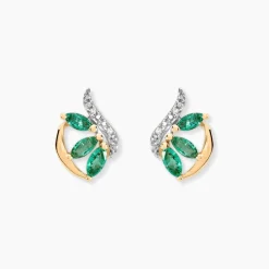 Histoire d'Or Boucles D'oreilles Puces Or Bicolore Petale Emeraude Diamant New