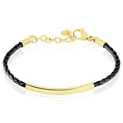 Histoire d'Or Bracelet Boshra Acier Dore Cuir Noir New