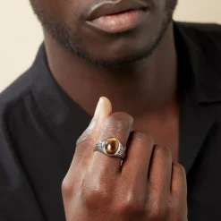 Histoire d'Or Chevalière Acier Vieilli Keegan 艙il De Tigre acier gris quartz marron Discount