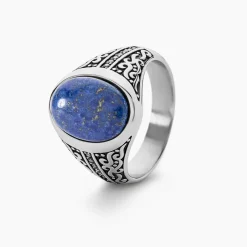 Histoire d'Or Chevalière Keegan Acier Blanc Lapis Lazuli Oxyde De Zirconium acier blanc lapis lazuli bleu Sale