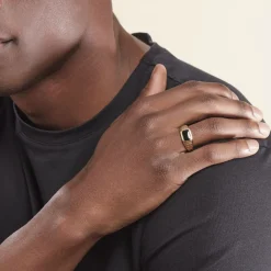 Histoire d'Or Chevalière Plaqué Or Jaune Steven Email Noir Discount