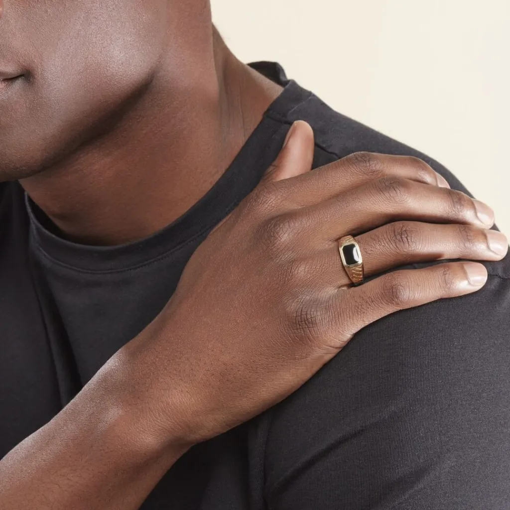 Histoire d'Or Chevalière Plaqué Or Jaune Steven Email Noir Discount