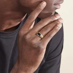 Histoire d'Or Chevalière Plaqué Or Jaune Steven Email Noir Discount