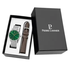 PIERRE LANNIER Coffret De Montre Essential Vert cadran argenté fond vert bracelet acier argenté New
