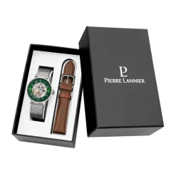 PIERRE LANNIER Coffret De Montre Automatique 42 Vert cadran argenté fond vert bracelet acier argenté Discount