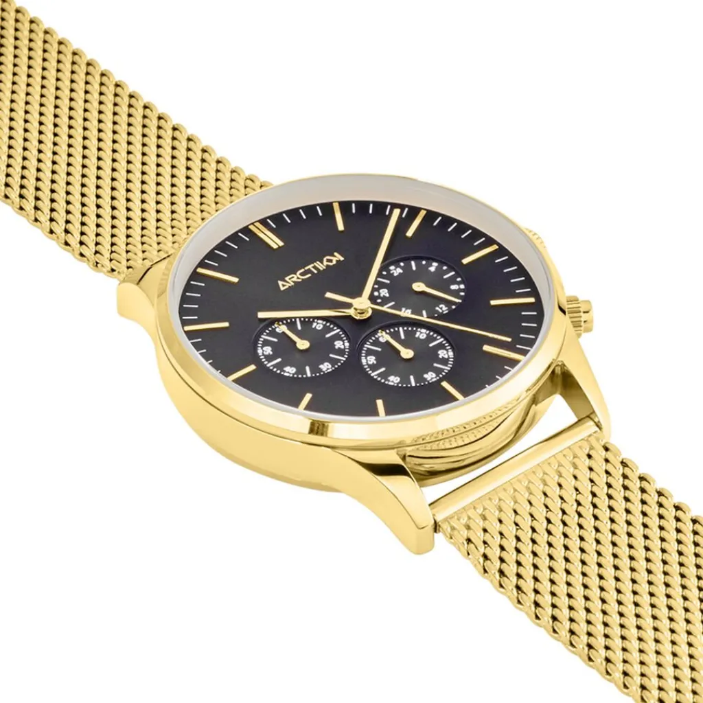 ARCTIK Montre Escale Noir cadran doré fond noir bracelet acier doré Discount