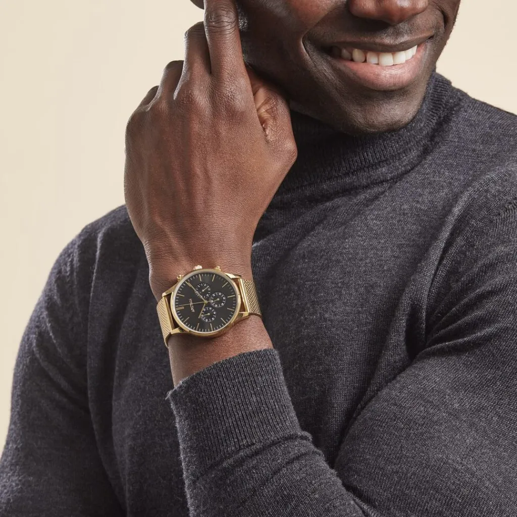 ARCTIK Montre Escale Noir cadran doré fond noir bracelet acier doré Discount