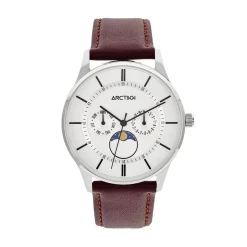 ARCTIK Montre Horizon Argenté cadran argenté fond argenté bracelet cuir marron