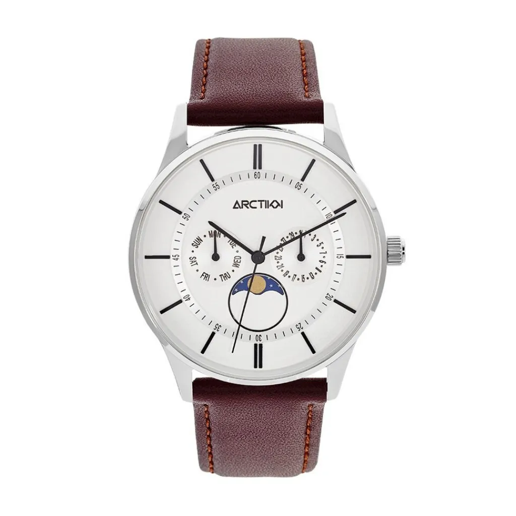 ARCTIK Montre Horizon Argenté cadran argenté fond argenté bracelet cuir marron