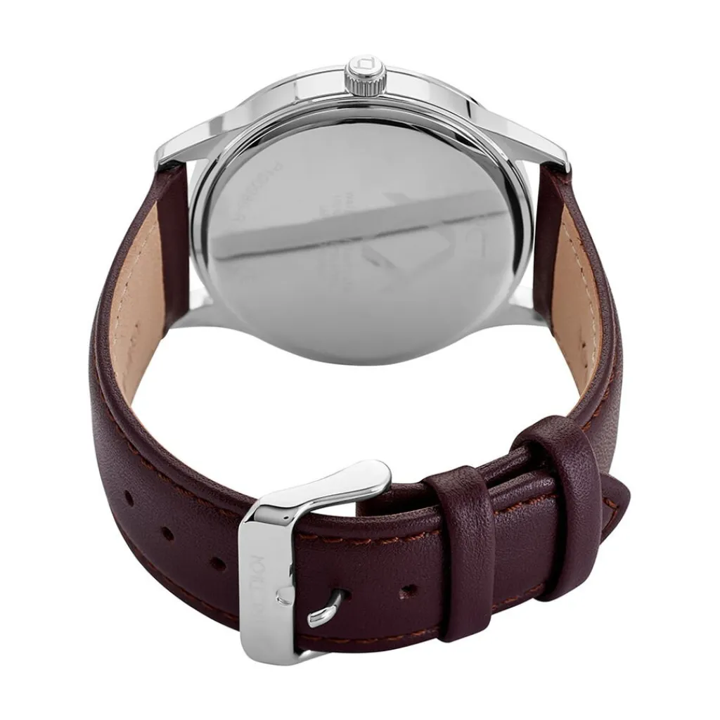 ARCTIK Montre Horizon Argenté cadran argenté fond argenté bracelet cuir marron
