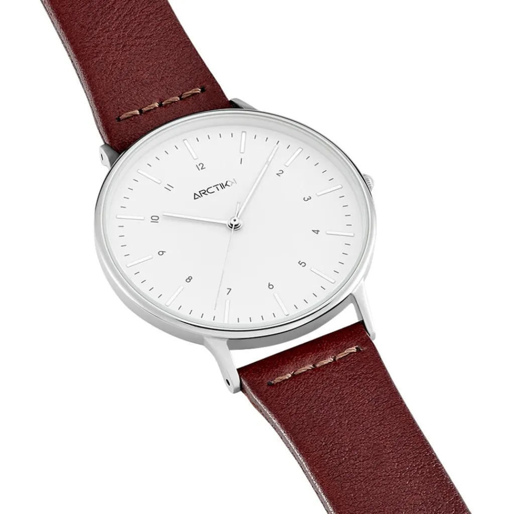 ARCTIK Montre Nomade Blanc cadran argenté fond blanc bracelet cuir marron Online