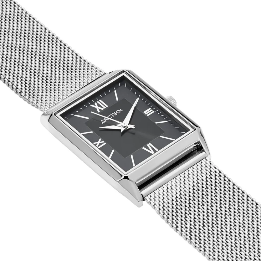 ARCTIK Montre Quark Noir cadran argenté fond noir bracelet acier argenté New