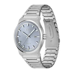 HUGO BOSS Montre Boss Candor Auto Bleu cadran argenté fond bleu bracelet acier argenté