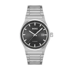 HUGO BOSS Montre Boss Candor Auto Noir cadran argenté fond noir bracelet acier argenté Discount