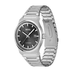 HUGO BOSS Montre Boss Candor Auto Noir cadran argenté fond noir bracelet acier argenté Discount