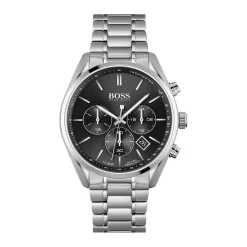 HUGO BOSS Montre Boss Champion Noir cadran argenté fond noir bracelet acier argenté Sale