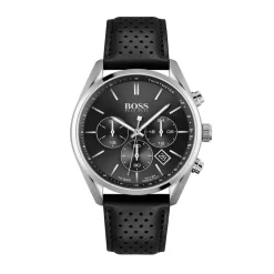 HUGO BOSS Montre Boss Champion Noir cadran argenté fond noir bracelet cuir noir Clearance