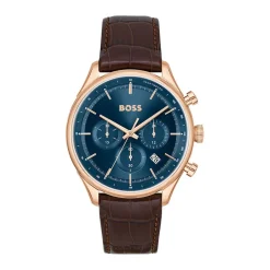 HUGO BOSS Montre Boss Gregor Bleu cadran rose fond bleu bracelet cuir marron New