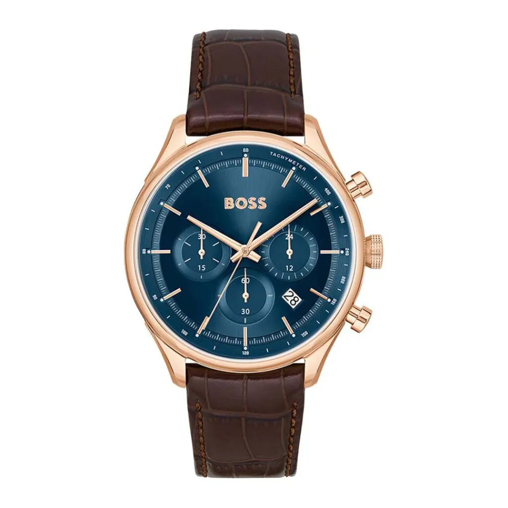 HUGO BOSS Montre Boss Gregor Bleu cadran rose fond bleu bracelet cuir marron New
