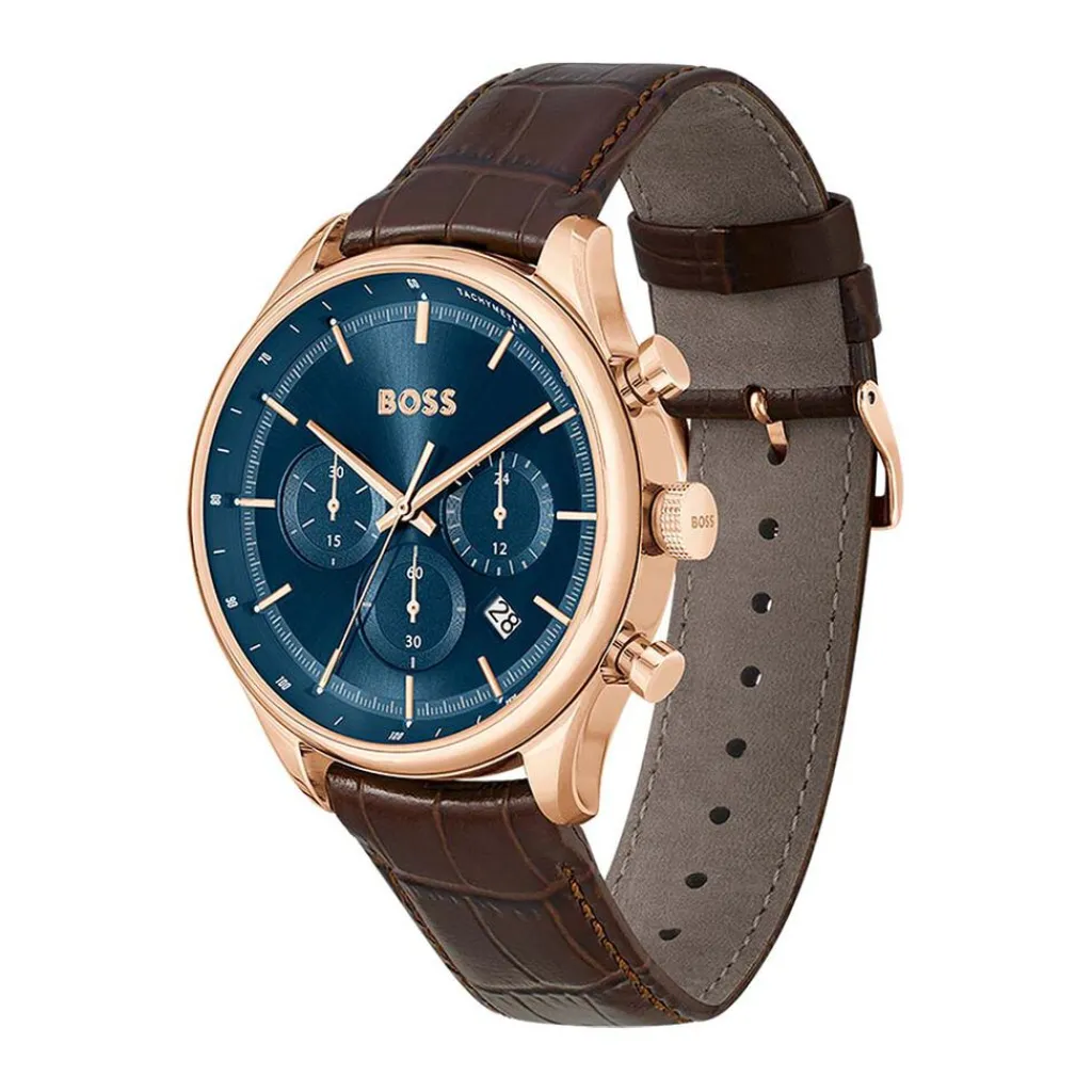 HUGO BOSS Montre Boss Gregor Bleu cadran rose fond bleu bracelet cuir marron New