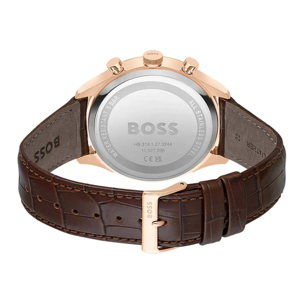 HUGO BOSS Montre Boss Gregor Bleu cadran rose fond bleu bracelet cuir marron New