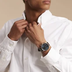 HUGO BOSS Montre Boss Gregor Bleu cadran rose fond bleu bracelet cuir marron New