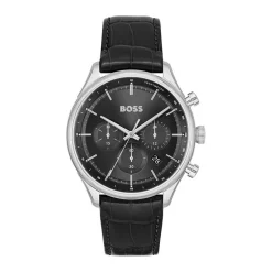 HUGO BOSS Montre Boss Gregor Noir cadran argenté fond noir bracelet cuir noir Hot