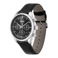 HUGO BOSS Montre Boss Gregor Noir cadran argenté fond noir bracelet cuir noir Hot