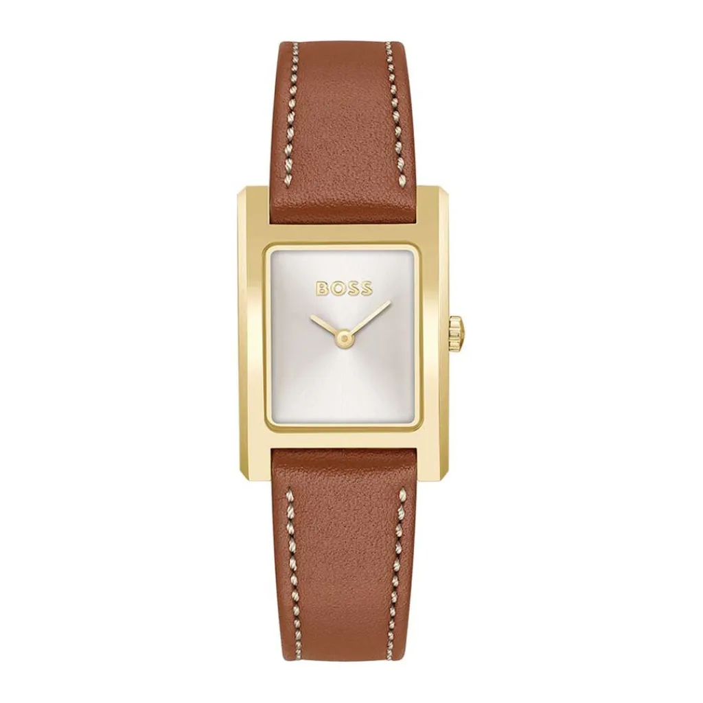 HUGO BOSS Montre Boss Lucy Argenté cadran doré fond argenté bracelet cuir de veau marron