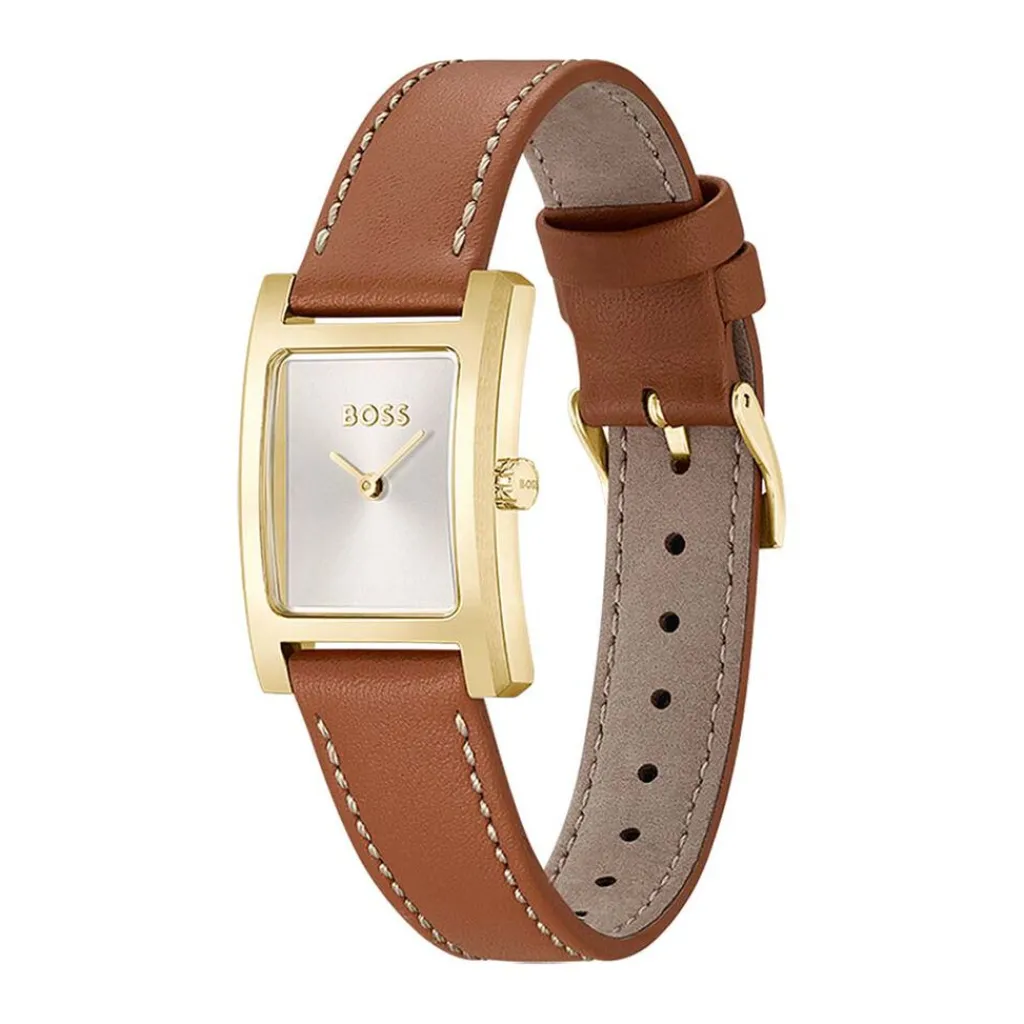 HUGO BOSS Montre Boss Lucy Argenté cadran doré fond argenté bracelet cuir de veau marron