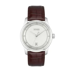HUGO BOSS Montre Boss Principle Argenté cadran argenté fond argenté bracelet cuir marron Hot