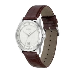 HUGO BOSS Montre Boss Principle Argenté cadran argenté fond argenté bracelet cuir marron Hot