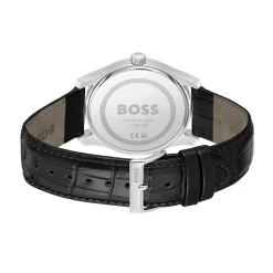 HUGO BOSS Montre Boss Principle Noir cadran argenté fond noir bracelet cuir noir Hot