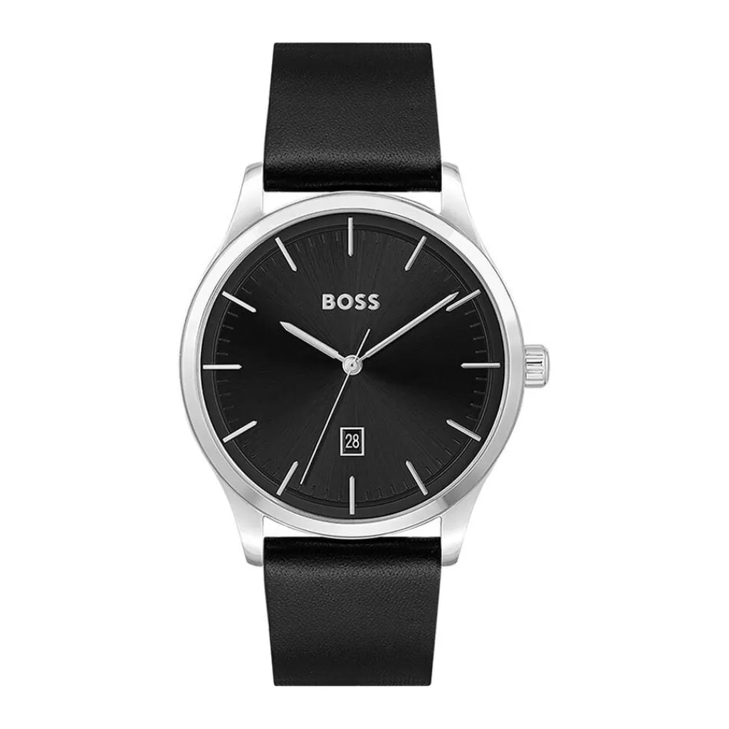 HUGO BOSS Montre Boss Reason Noir cadran argenté fond noir bracelet cuir noir Hot