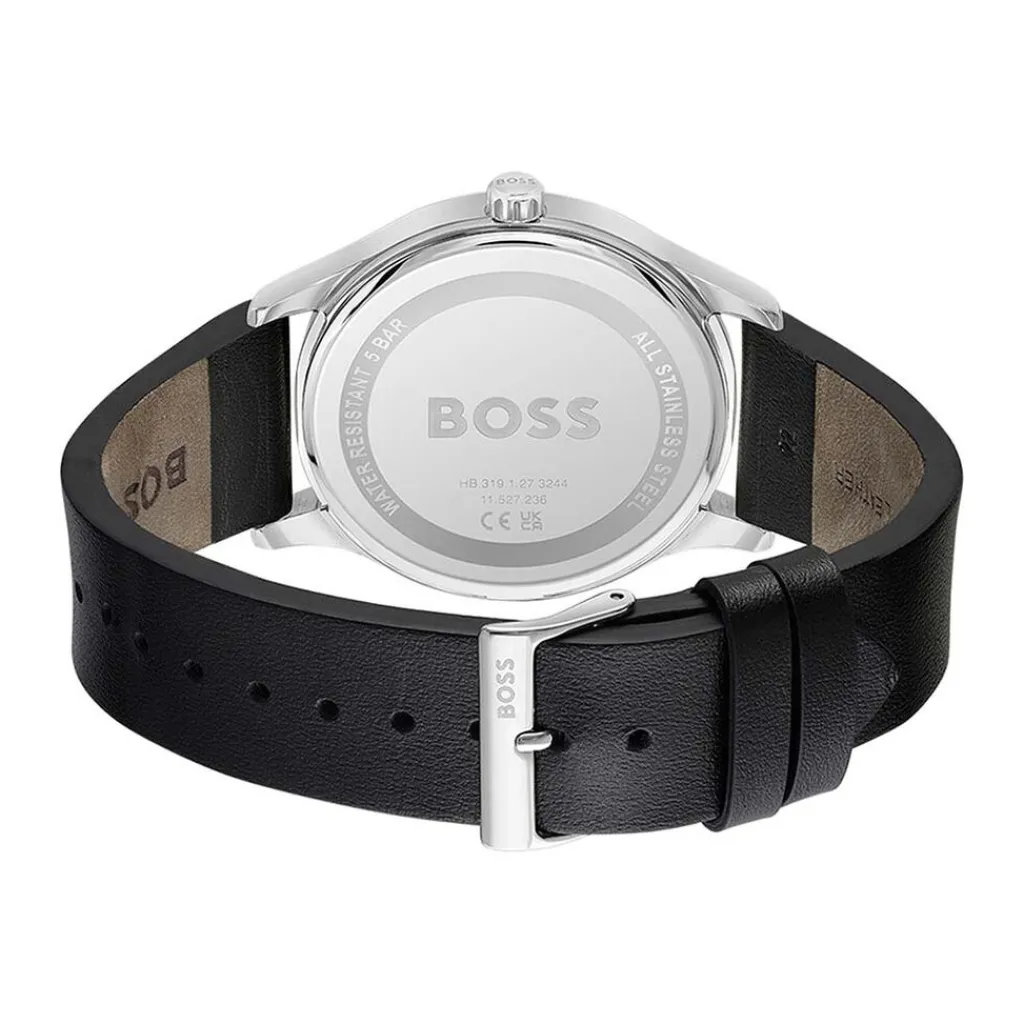 HUGO BOSS Montre Boss Reason Noir cadran argenté fond noir bracelet cuir noir Hot