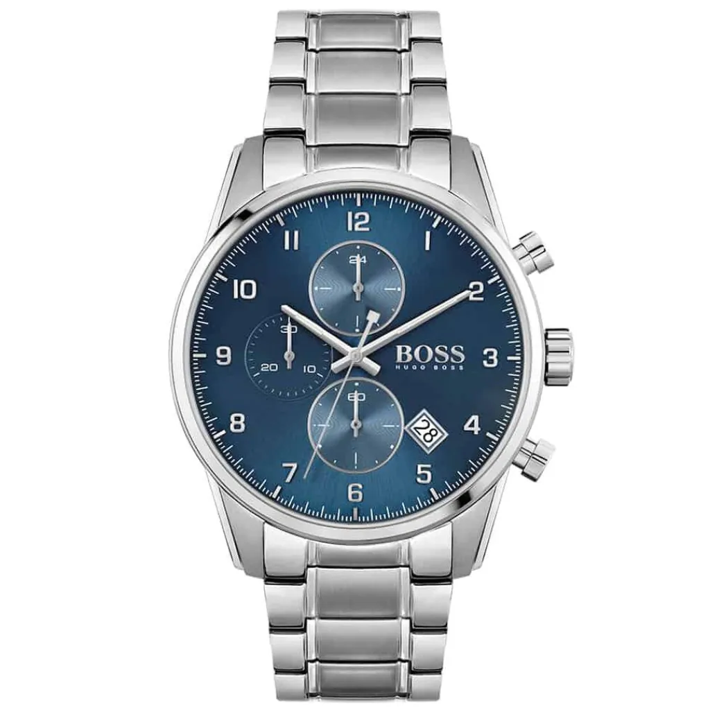 HUGO BOSS Montre Boss Skymaster Bleu cadran argenté fond bleu bracelet acier argenté Discount