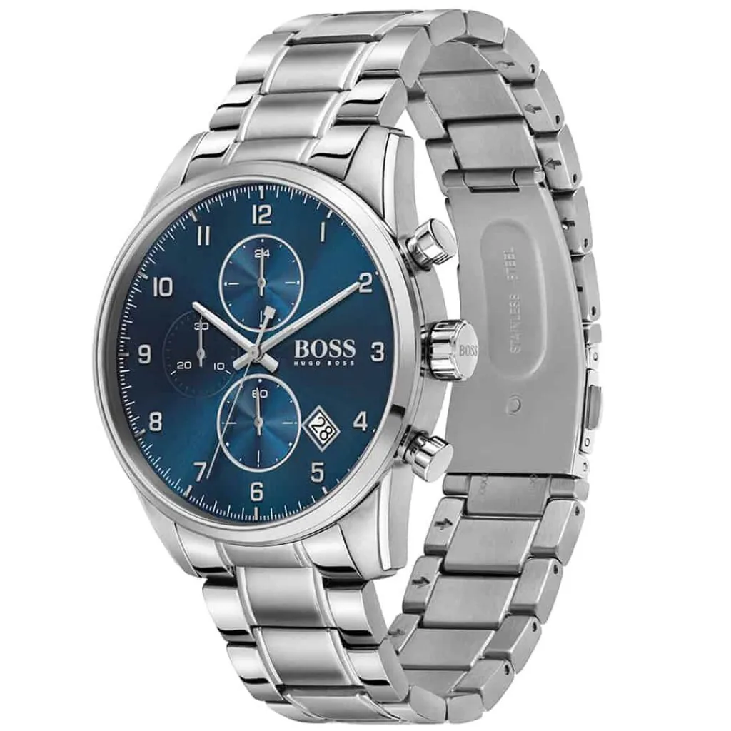 HUGO BOSS Montre Boss Skymaster Bleu cadran argenté fond bleu bracelet acier argenté Discount