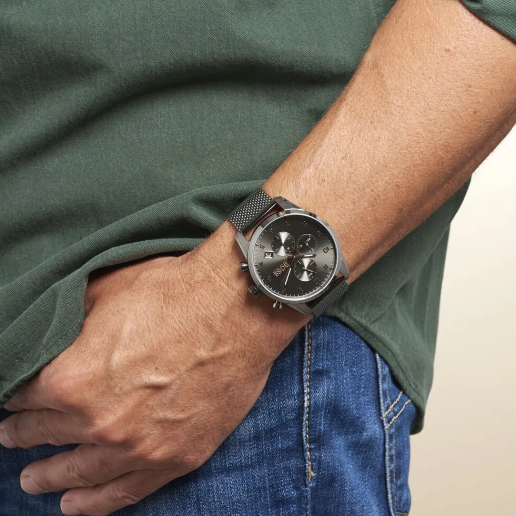 HUGO BOSS Montre Boss Skymaster Gris cadran gris fond gris bracelet acier gris New