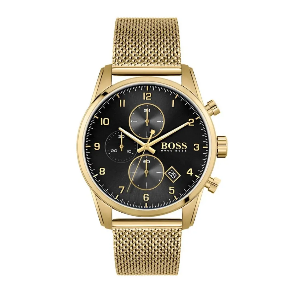 HUGO BOSS Montre Boss Skymaster Noir cadran doré fond noir bracelet acier doré
