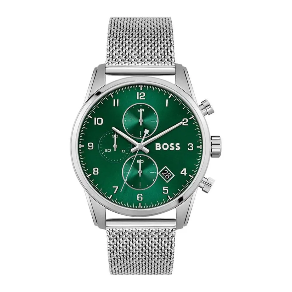 HUGO BOSS Montre Boss Skymaster Vert cadran argenté fond vert bracelet acier argenté Hot